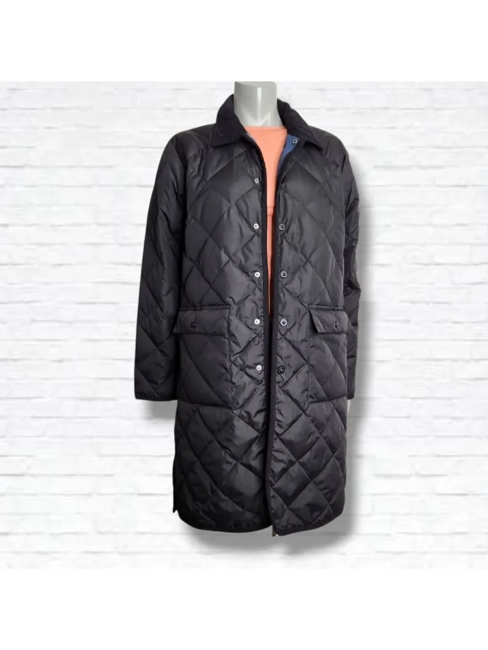 TAION City Chore Coat Black Quilted Piping Collar Long Down Coat Size S BNWT - Picture 4 of 16